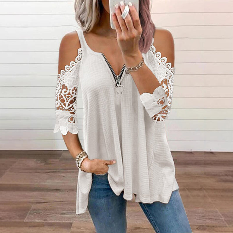 Top imprescindible 🔥 de encaje con hombros descubiertos y cremallera: detalle moderno y tejido transpirable para un estilo sin esfuerzo ✨