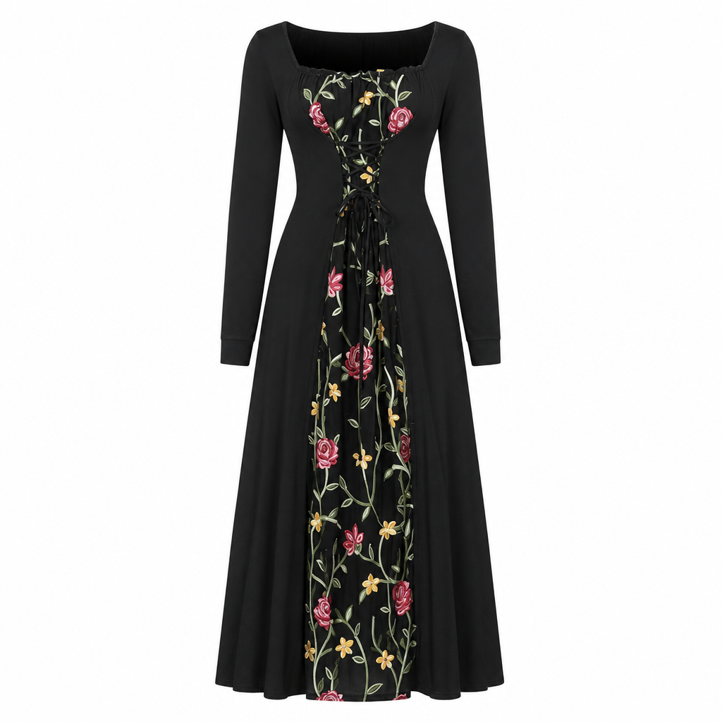👗🌸 Vestido Largo Bordado Floral para Mujer – Escote Cuadrado, Corte Favorecedor y Elegancia Bohemi