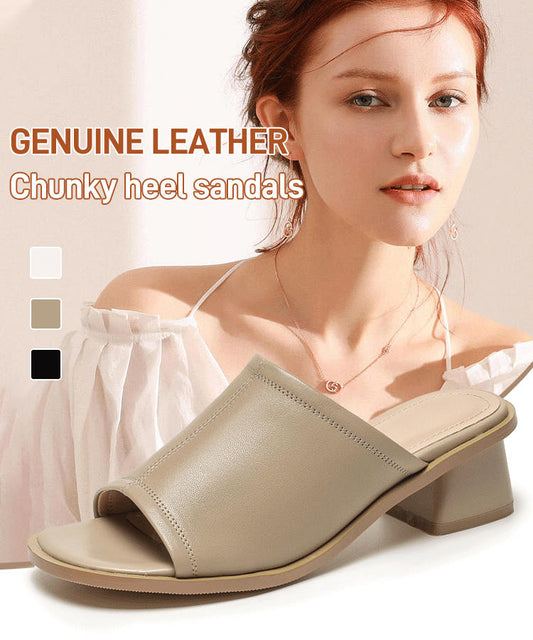 Sandalias de tacón de cuero gruesas de estilo retro genuino