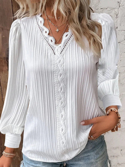 Camisa holgada de encaje con cuello en V y manga larga para mujer 🎁Compre 3 envío gratis