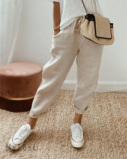 Pantalones casuales de lino y algodón para mujer