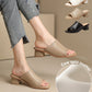 Sandalias de tacón de cuero gruesas de estilo retro genuino