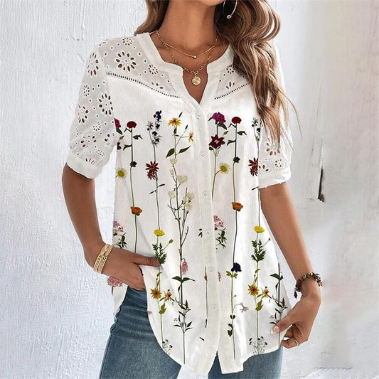 Camisa floral casual con cuello en V para mujer