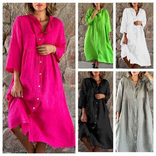 Vestido camisero suelto de algodón y lino