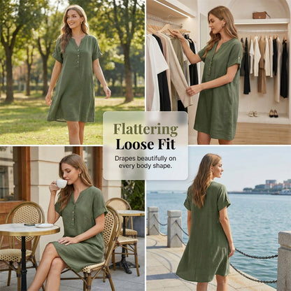 ✨👗 Vestido túnica feminino decote em V com bolsos confortável e respirável
