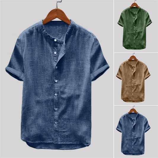 Camisa casual de manga corta de lino y algodón transpirable para hombre