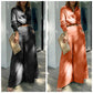 Elegante conjunto de dos piezas: top de manga larga con puños y pantalones de cintura alta
