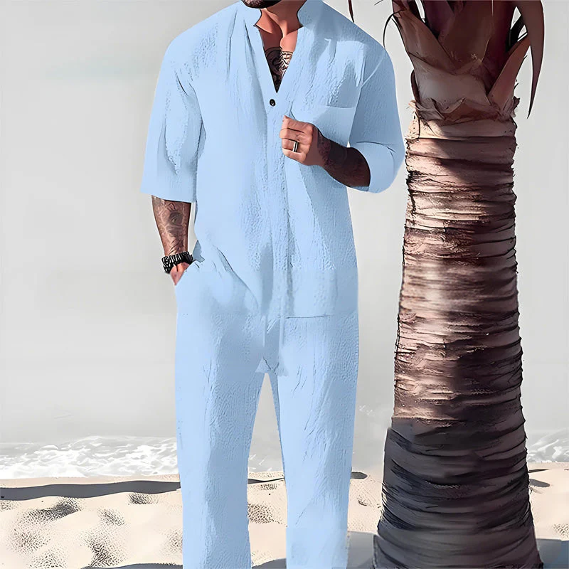 Moderno conjunto de dos piezas de algodón y lino para hombre