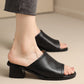 Sandalias de tacón de cuero gruesas de estilo retro genuino