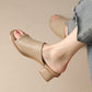 Sandalias de tacón de cuero gruesas de estilo retro genuino