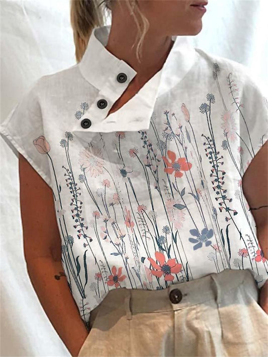 Camisa regular floral de lino informal para mujer