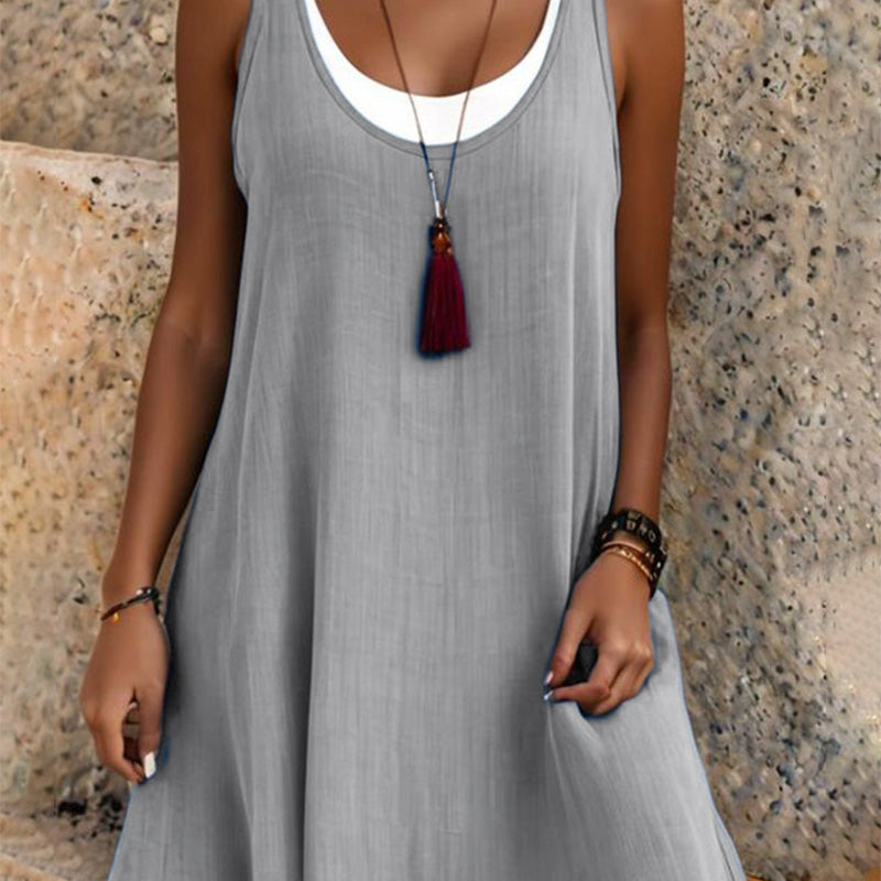⏰Último dia de promoção! 50% de desconto💃Vestido feminino casual, solto, sem mangas, com efeito de duas peças.