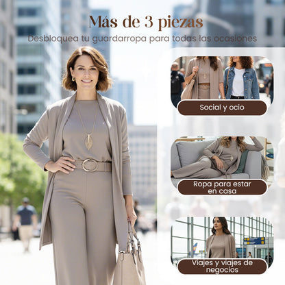 ⏳Oferta especial por tiempo limitado⏰Elegante conjunto de 3 piezas que incluye un cárdigan largo, un top y unos pantalones💞
