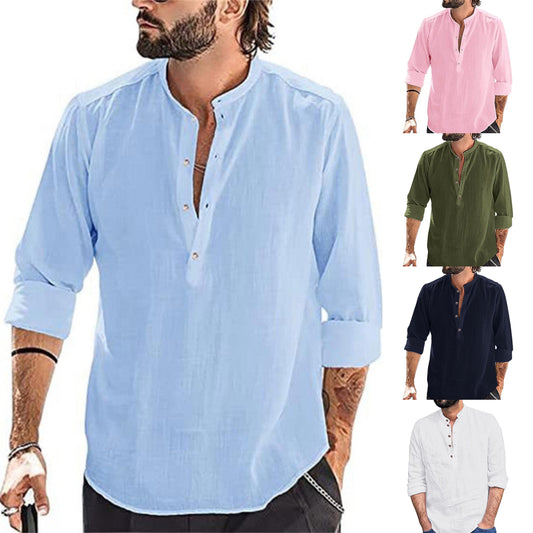 2023 Camisa casual de manga larga de lino y algodón para hombre