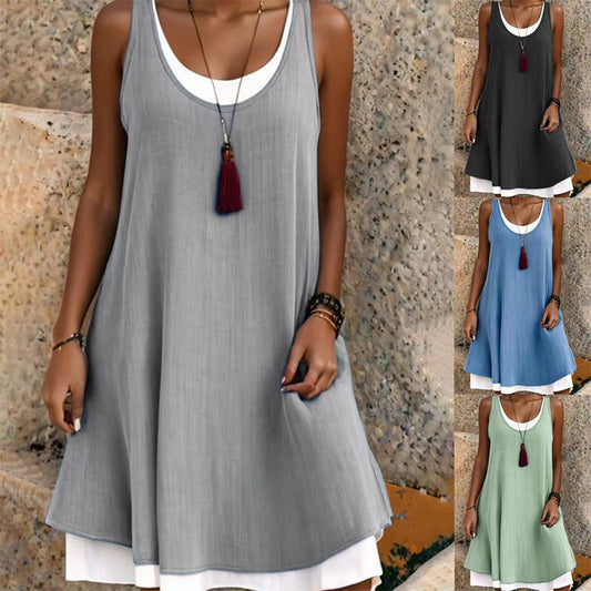 ⏰Último dia de promoção! 50% de desconto💃Vestido feminino casual, solto, sem mangas, com efeito de duas peças.