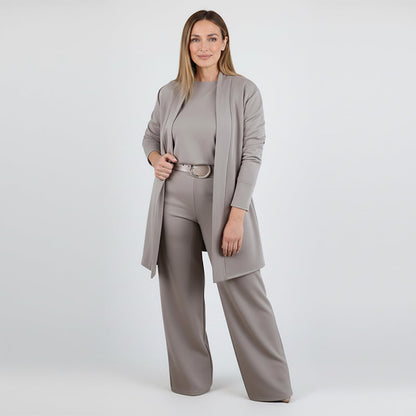 ⏳Oferta especial por tiempo limitado⏰Elegante conjunto de 3 piezas que incluye un cárdigan largo, un top y unos pantalones💞