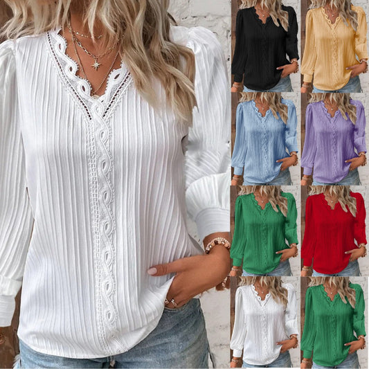Camisa holgada de encaje con cuello en V y manga larga para mujer 🎁Compre 3 envío gratis