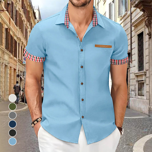 Camisa de manga corta con solapa de cuadros vintage para hombre