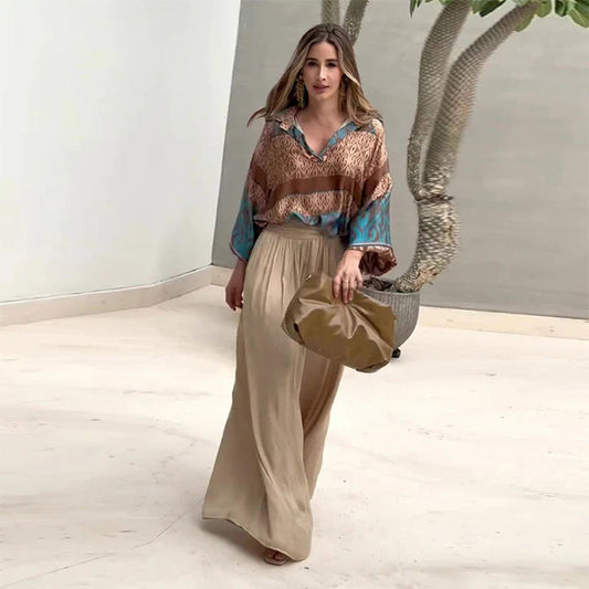 Conjunto de 2 piezas con top estampado y pantalones anchos