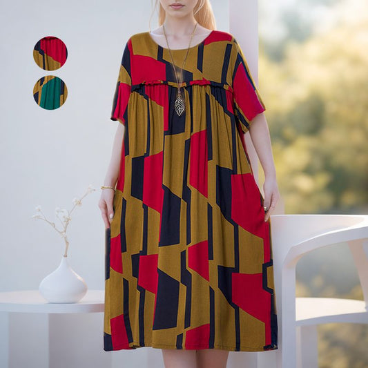 Vestido de manga corta con bolsillos y estampado de gran tamaño para mujer