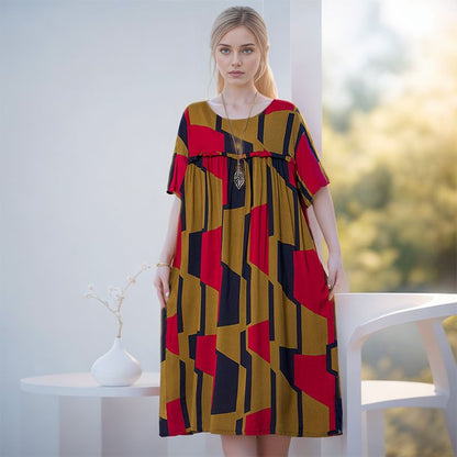Vestido de manga corta con bolsillos y estampado de gran tamaño para mujer