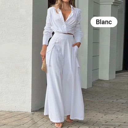 Elegante conjunto de dos piezas: top de manga larga con puños y pantalones de cintura alta