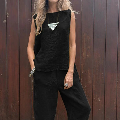 💕Nuevo producto de primavera y verano 2024 algodón, cáñamo, moda, ocio y relajación, dos juegos de blusas sin mangas, pantalones largos relajados, juegos de mujeres