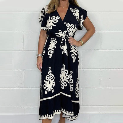 Vestido de verano con cuello en V y mangas con volantes de talla grande para mujer