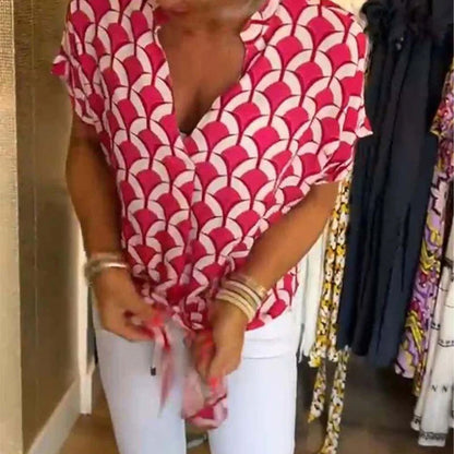 ✨49% de descuento en verano--Top casual estampado con cuello en V de manga corta