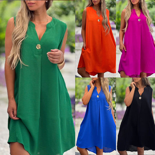 Vestido monocolor sin mangas con escote en V y adorno de botones