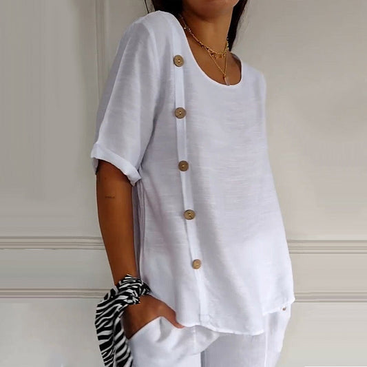 Blusa con botones laterales y cuello redondo para mujer💖