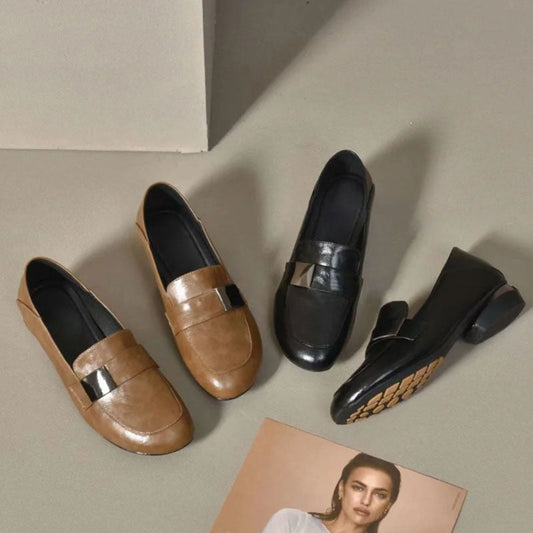 Zapatos de tacón grueso con punta redonda para mujer