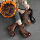 Botas Cortas Cálidas de Cuero PU Retro para Mujer