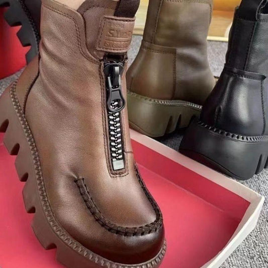 Botas Cortas Cálidas de Cuero PU Retro para Mujer