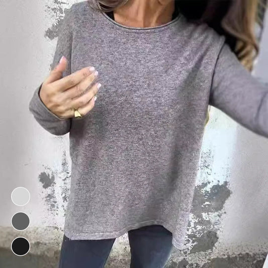 Camisetas de Manga Larga Sólidas de Cuello Redondo para Mujer