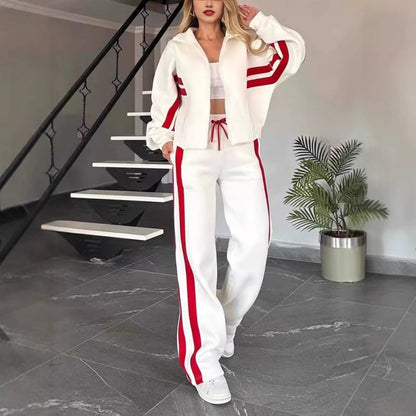 Compre 2 envío gratis💕Chaqueta de rayas con cremallera y pantalón informal de mujer, 2 piezas