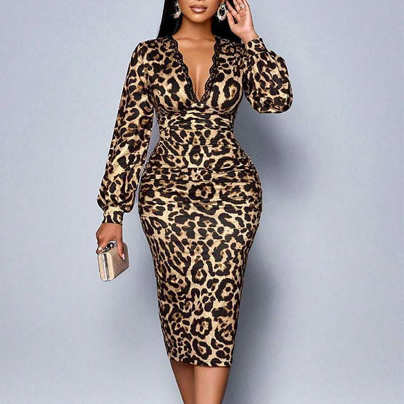 🔥 50% DE DESCUENTO 🔥 Vestido Leopardo para Mujer 🐆✨ | Escote en V, Manga Linterna y Largo Medio 💃 Elegante, Sexy y Favorecedor 🔥
