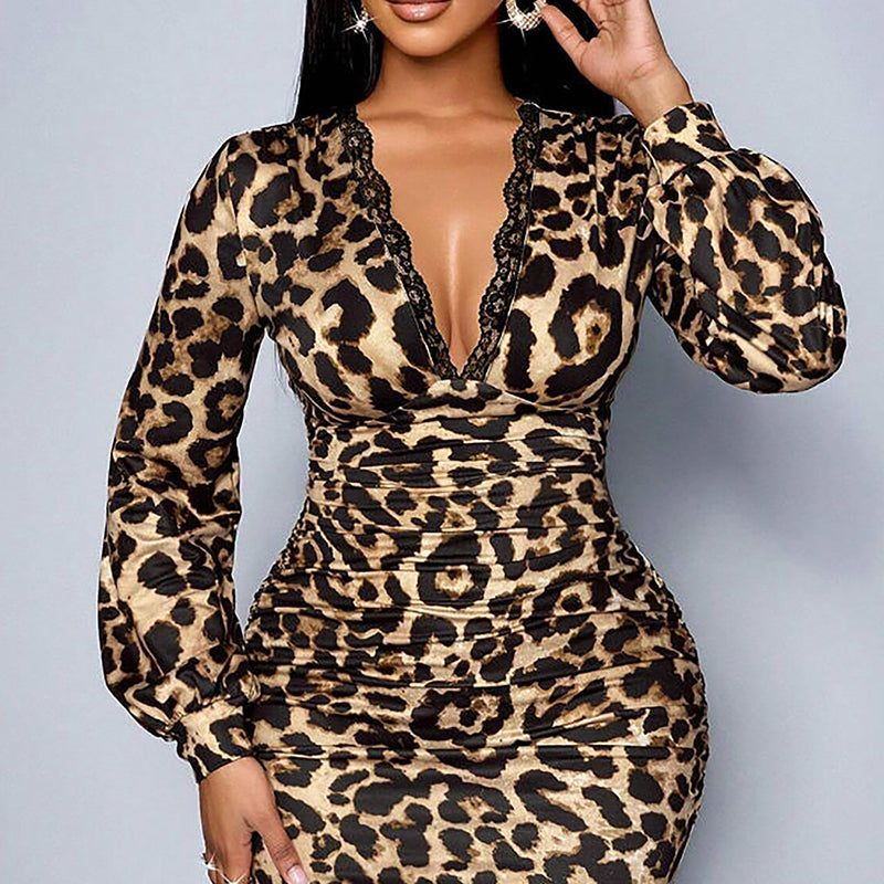 🔥 50% DE DESCUENTO 🔥 Vestido Leopardo para Mujer 🐆✨ | Escote en V, Manga Linterna y Largo Medio 💃 Elegante, Sexy y Favorecedor 🔥