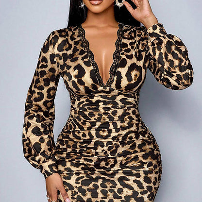 🔥 50% DE DESCUENTO 🔥 Vestido Leopardo para Mujer 🐆✨ | Escote en V, Manga Linterna y Largo Medio 💃 Elegante, Sexy y Favorecedor 🔥