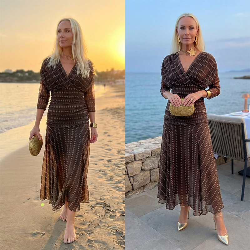 Vestido Maxi Bohemio de Malla Enrugada con Escote en V