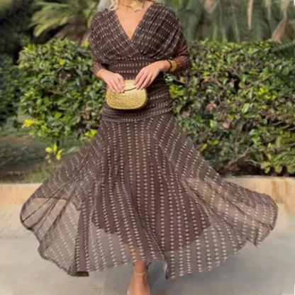 Vestido Maxi Bohemio de Malla Enrugada con Escote en V