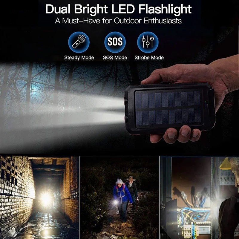 🔥 Carregador portátil solar de 10 000 mAh, carregador alimentado a energia solar com duas lanternas LED, carregador portátil para viagens e acampamentos