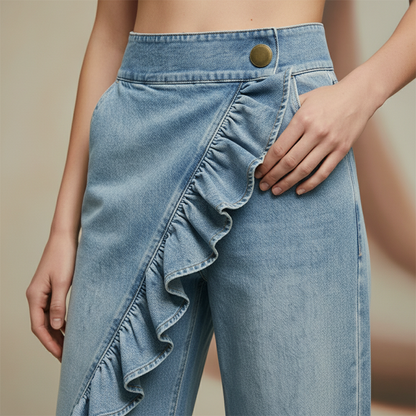 👖💙 Pantalones Vaqueros de Pierna Ancha con Volante Asimétrico para Mujer – Talle Alto, Denim Premium y Bolsillos Funcionales ✨