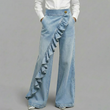 👖💙 Pantalones Vaqueros de Pierna Ancha con Volante Asimétrico para Mujer – Talle Alto, Denim Premium y Bolsillos Funcionales ✨