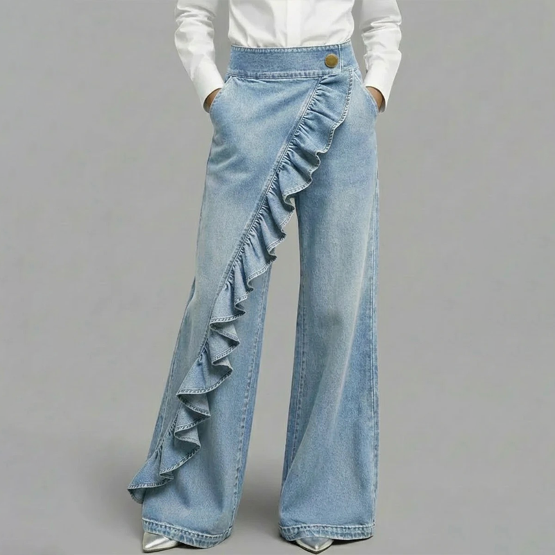 👖💙 Pantalones Vaqueros de Pierna Ancha con Volante Asimétrico para Mujer – Talle Alto, Denim Premium y Bolsillos Funcionales ✨