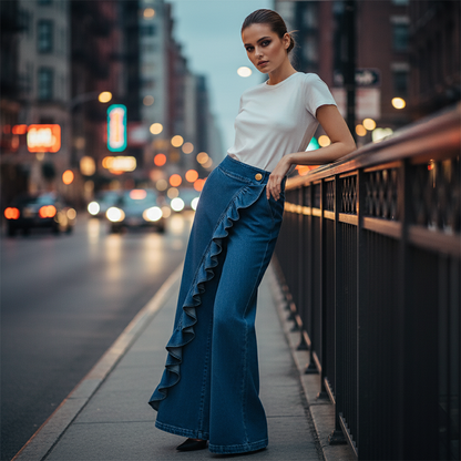👖💙 Pantalones Vaqueros de Pierna Ancha con Volante Asimétrico para Mujer – Talle Alto, Denim Premium y Bolsillos Funcionales ✨