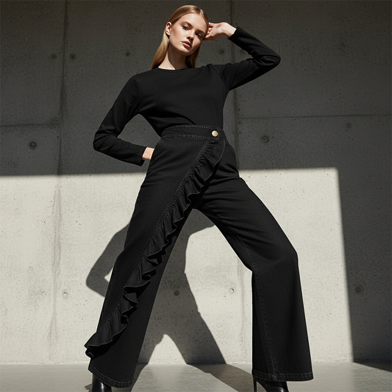 👖💙 Pantalones Vaqueros de Pierna Ancha con Volante Asimétrico para Mujer – Talle Alto, Denim Premium y Bolsillos Funcionales ✨