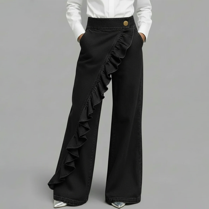 👖💙 Pantalones Vaqueros de Pierna Ancha con Volante Asimétrico para Mujer – Talle Alto, Denim Premium y Bolsillos Funcionales ✨