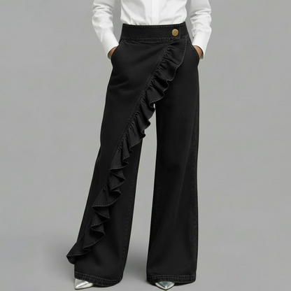 👖💙 Pantalones Vaqueros de Pierna Ancha con Volante Asimétrico para Mujer – Talle Alto, Denim Premium y Bolsillos Funcionales ✨
