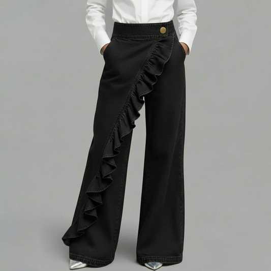 👖💙 Pantalones Vaqueros de Pierna Ancha con Volante Asimétrico para Mujer – Talle Alto, Denim Premium y Bolsillos Funcionales ✨